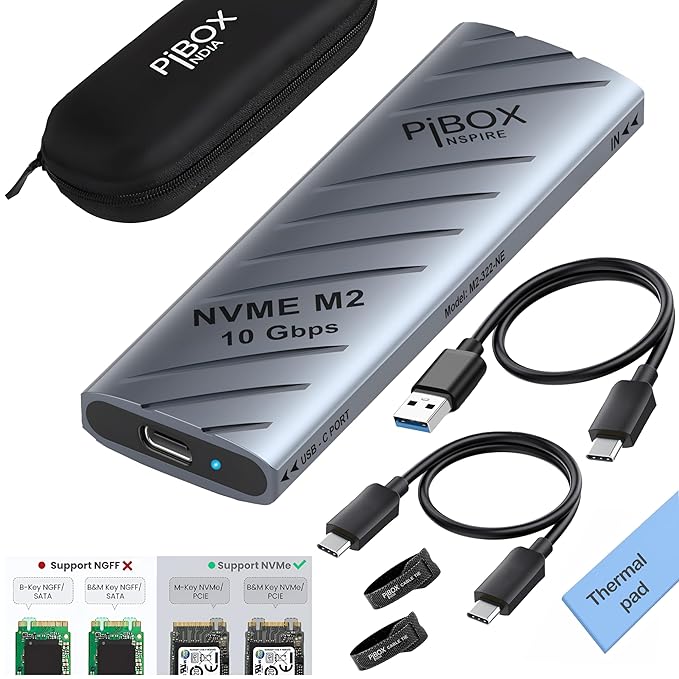 PiBOX India NVMe M.2 SSD Enclosure | USB 3.2 | 10Gbps | Tool-Free